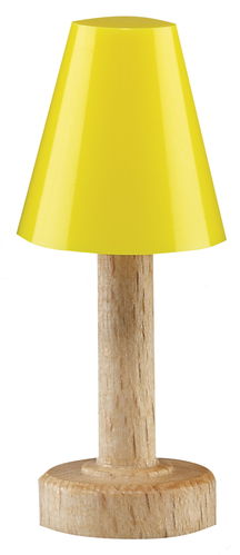 Tischlampe Holzfuss mit Kunststoffschirm gelb